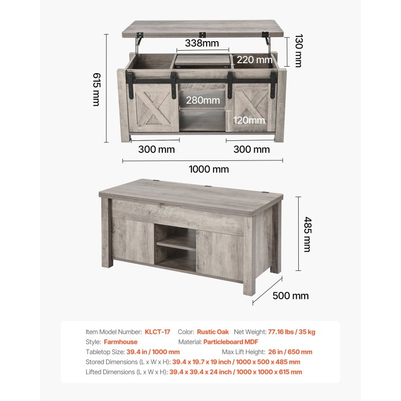 Nostokansipöytä lastulevy MDF 1000 mm rustiikkinen tammi säilytystilalla olohuoneeseen
