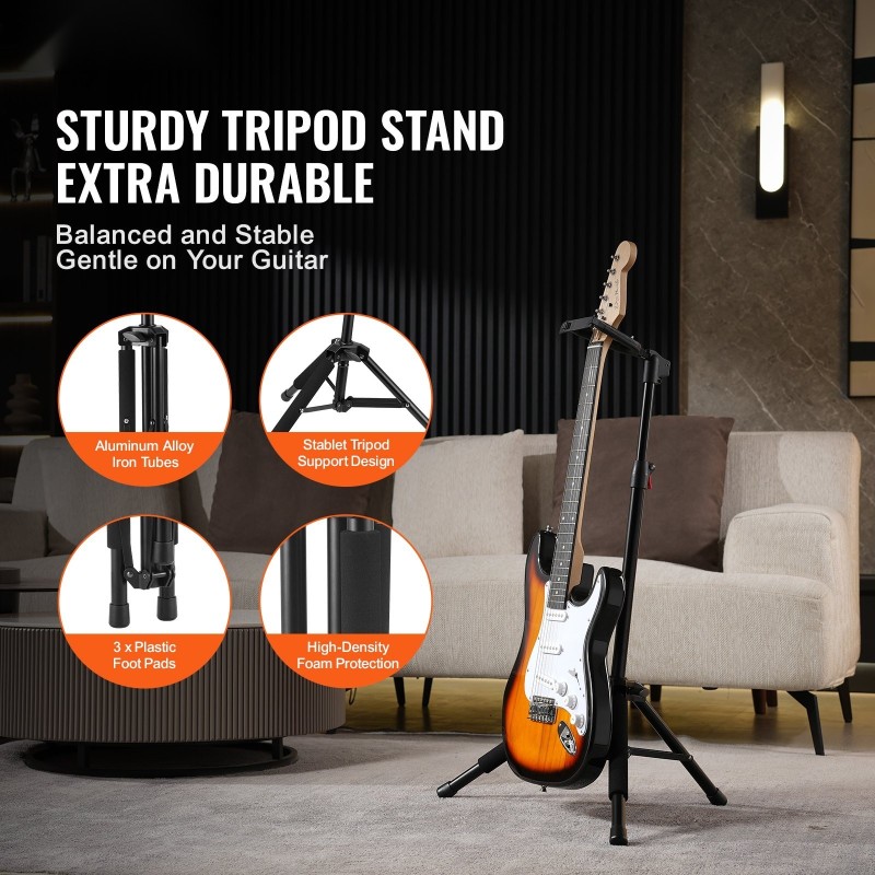 Kitarateline kolmijalkainen lattialla seisova taittuva korkeussäädettävä 900–1200 mm sopii kitaroille