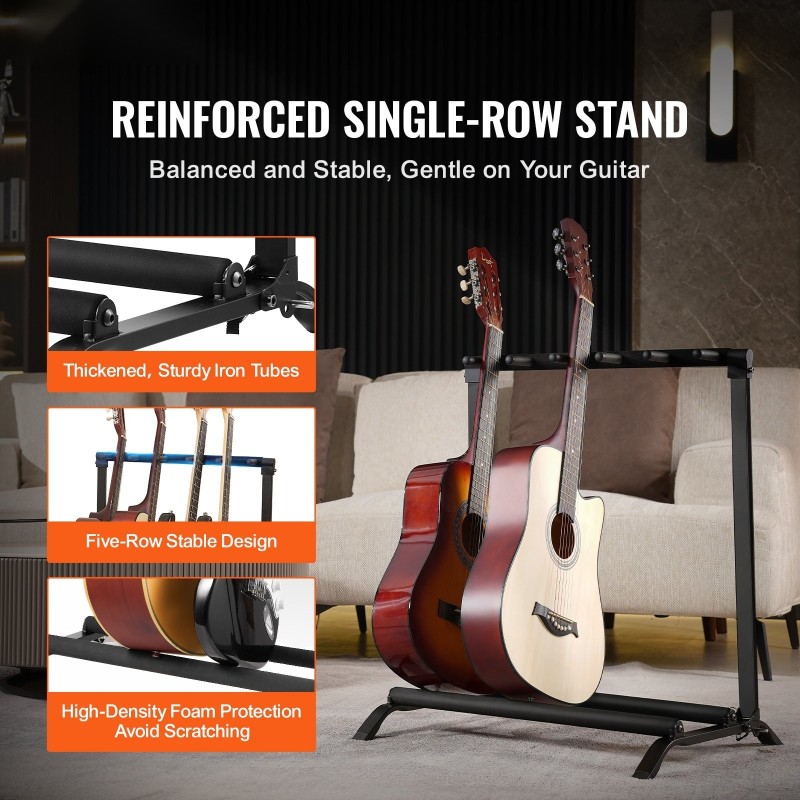 Lattialla seisova 5-paikkainen kitarateline rautaputkilla vaahtomuovipehmusteella kumipäällysteisellä jalustalla taitettava