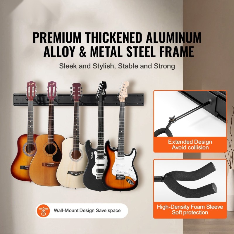 Seinäkiinnitteinen kitarateline viidelle kitaralle alumiinipaneelit vaahtomuovipehmuste akustisille sähkökitaroille ja bassolle