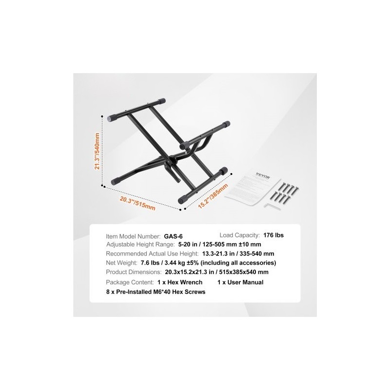 Kitaravahvistinteline teräsrakenteinen 79,83 kg kantokyky säädettävä 125–505 mm taittuva kumijalat