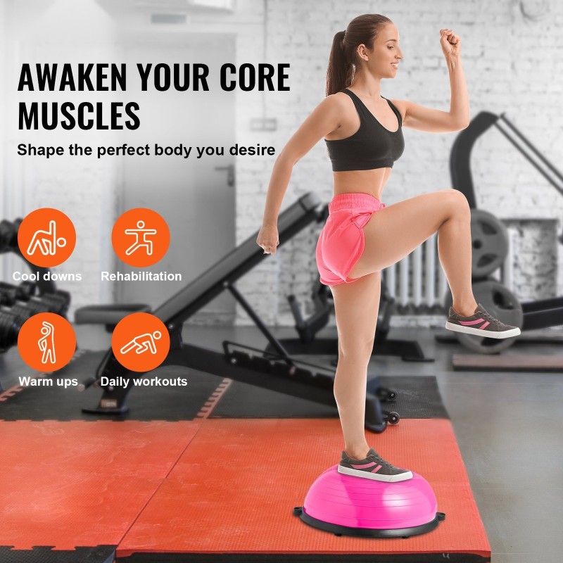 Puolikas tasapainopallo PVC-muovi koko 620x215 mm 300 kg kantavuus vastusnauhoilla pinkki