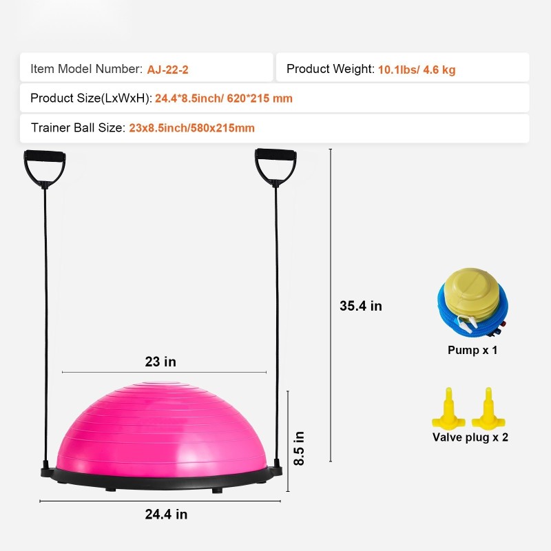 Puolikas tasapainopallo PVC-muovi koko 620x215 mm 300 kg kantavuus vastusnauhoilla pinkki