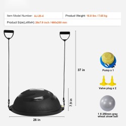 Puolikupolimallinen tasapainopallo PVC pinta 660 mm 680 kg musta vastusnauhoilla jalkapumpulla