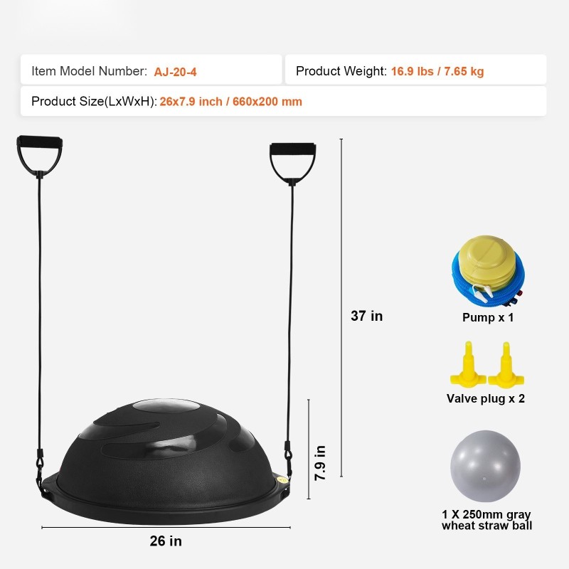 Puolikupolimallinen tasapainopallo PVC pinta 660 mm 680 kg musta vastusnauhoilla jalkapumpulla