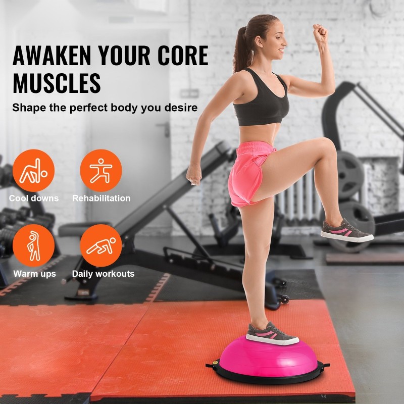 Puolikas tasapainopallo muovinen 66 senttimetriä vaaleanpunainen 680 kilogrammaa vastusnauhoilla jalkapumpulla