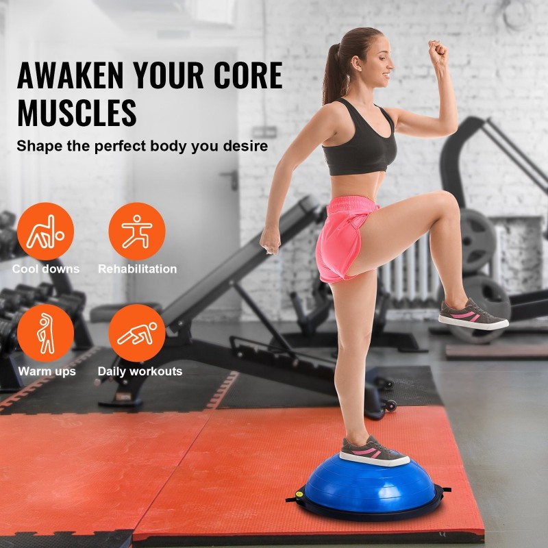 Puolipallomainen tasapainotraineri 66 cm 680 kg kantavuus vastuskuminauhat jalkapumppu sininen