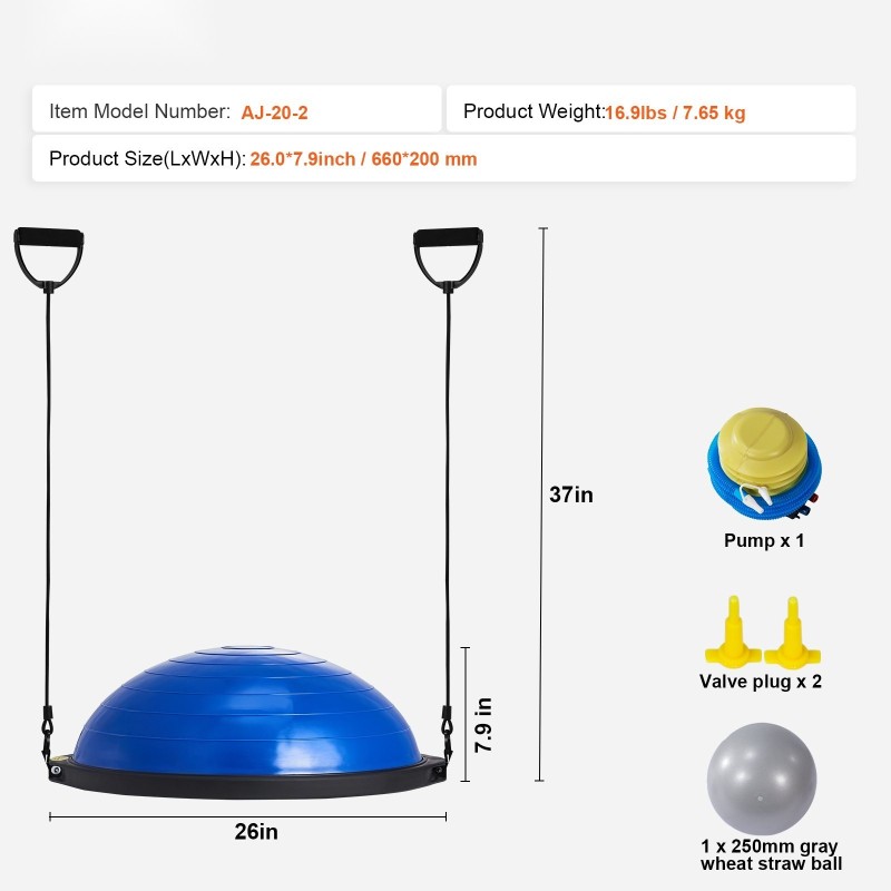 Puolipallomainen tasapainotraineri 66 cm 680 kg kantavuus vastuskuminauhat jalkapumppu sininen
