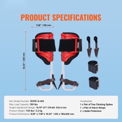 Puun kiipeilypiikit alumiinirunko 1 pari säädettävät tarranauhat 350 paunan kuormankantokyky punainen