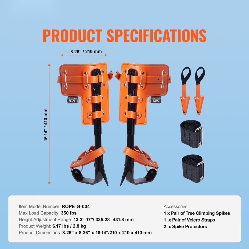 Puun kiipeilyraudat seosterästä 1 pari säädettävät hihnat piikkisuojilla 350 paunan kantavuus