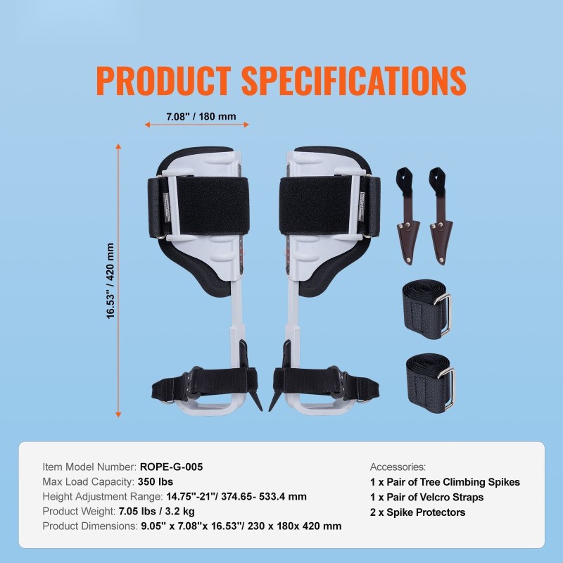 Puunkiipeilypiikit alumiinirunkoiset pari säädettävät 374–533 mm tarranauhalliset hihnat pistonsuojat