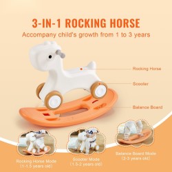 Keinuhevonen kolmitoiminen HDPE-muovi 1–3-vuotiaille kantavuus 36 kg sileillä pyörillä 40 asteen keinuntakulma