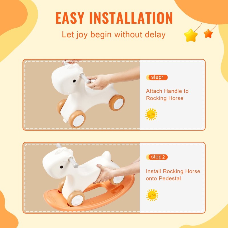 Keinuhevonen kolmitoiminen HDPE-muovi 1–3-vuotiaille kantavuus 36 kg sileillä pyörillä 40 asteen keinuntakulma