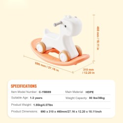 Keinuhevonen kolmitoiminen HDPE-muovi 1–3-vuotiaille kantavuus 36 kg sileillä pyörillä 40 asteen keinuntakulma