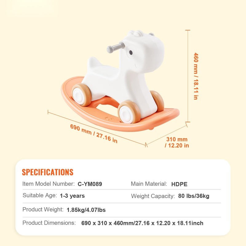 Keinuhevonen kolmitoiminen HDPE-muovi 1–3-vuotiaille kantavuus 36 kg sileillä pyörillä 40 asteen keinuntakulma