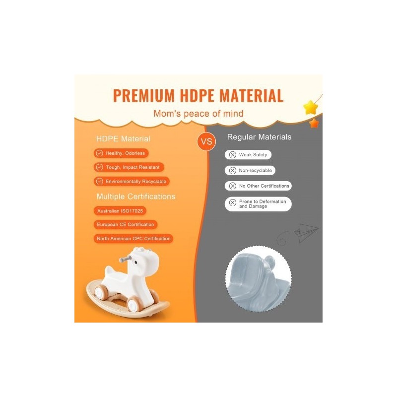 3-in-1-keinuhevonen HDPE-muovi 1–3-vuotiaille kantavuus 36 kg valkoinen yksisarvinen nelipyöräinen