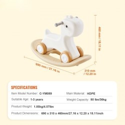 3-in-1-keinuhevonen HDPE-muovi 1–3-vuotiaille kantavuus 36 kg valkoinen yksisarvinen nelipyöräinen