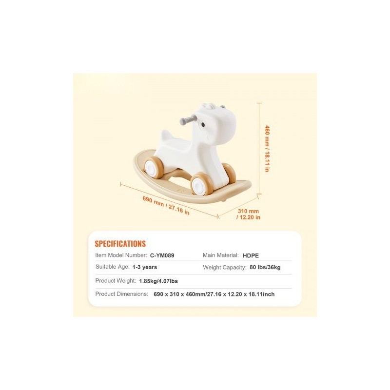 3-in-1-keinuhevonen HDPE-muovi 1–3-vuotiaille kantavuus 36 kg valkoinen yksisarvinen nelipyöräinen