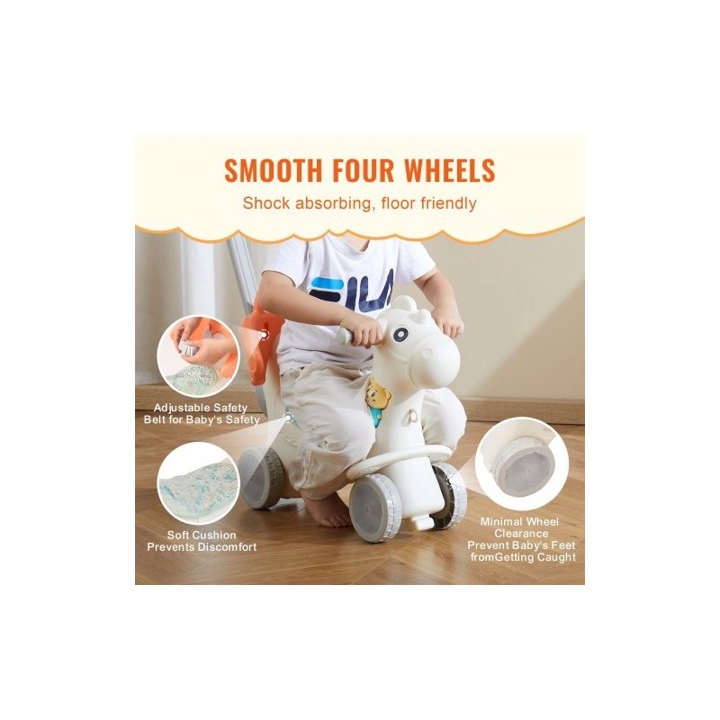 Keinuhevonen nelitoiminen HDPE-muovista 1–3-vuotiaille kantavuus 36 kg turvavyöllä