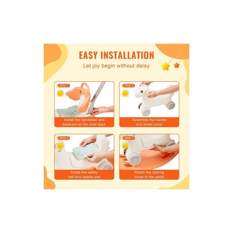 Keinuhevonen nelitoiminen HDPE-muovista 1–3-vuotiaille kantavuus 36 kg turvavyöllä