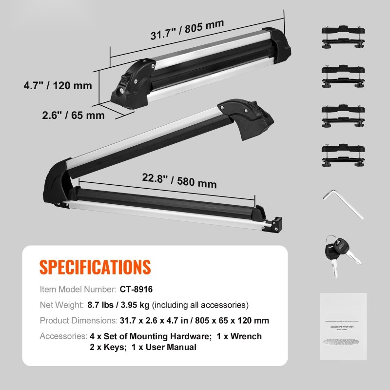 Kattoteline suksille ja lumilautoille alumiinia 80,5 cm 6 paria lukolla
