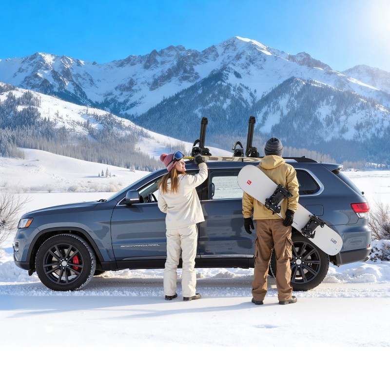 Alumiininen suksi- ja lumilautateline 2 kpl lukittava kumipehmusteilla sopii poikittaiskiskoihin