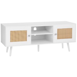 TV-taso rottinkinen ja puurunkoinen kolme tasoa säädettävä keskihylly valkoinen sopii 55-tuumaiselle