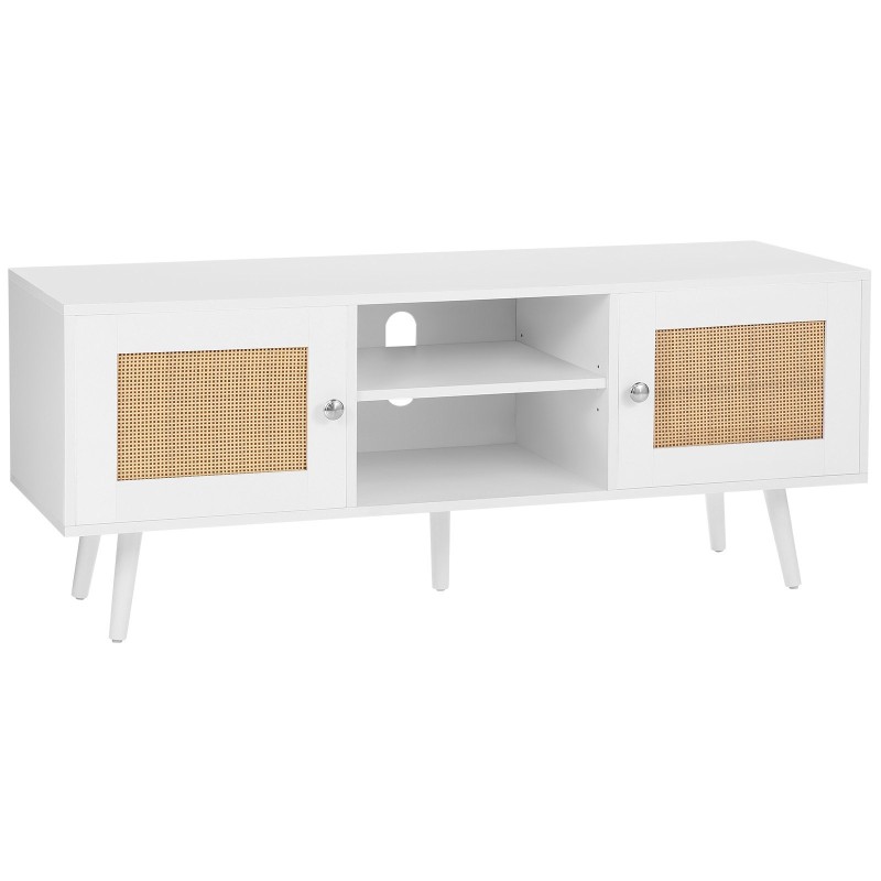 TV-taso rottinkinen ja puurunkoinen kolme tasoa säädettävä keskihylly valkoinen sopii 55-tuumaiselle