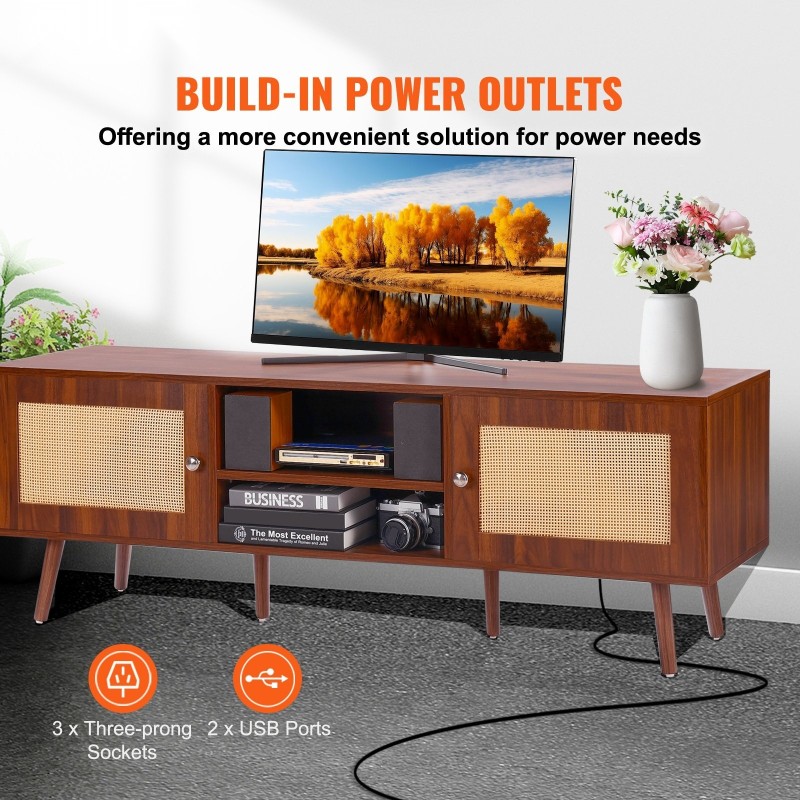 Rottinkipintainen pähkinävärinen TV-taso 65-tuumaiselle sisäänrakennetulla pistorasialla ja USB-porteilla