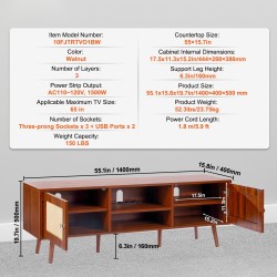 Rottinkipintainen pähkinävärinen TV-taso 65-tuumaiselle sisäänrakennetulla pistorasialla ja USB-porteilla