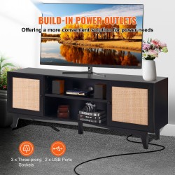 Rottinkinen TV-taso massiivipuurungolla musta 75 tuuman televisiolle sisäänrakennettu pistorasia ja USB-portit