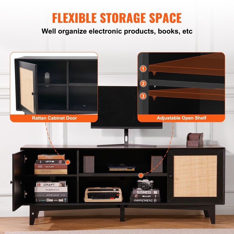 Rottinkinen TV-taso massiivipuurungolla musta 75 tuuman televisiolle sisäänrakennettu pistorasia ja USB-portit