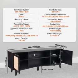 Rottinkinen TV-taso massiivipuurungolla musta 75 tuuman televisiolle sisäänrakennettu pistorasia ja USB-portit