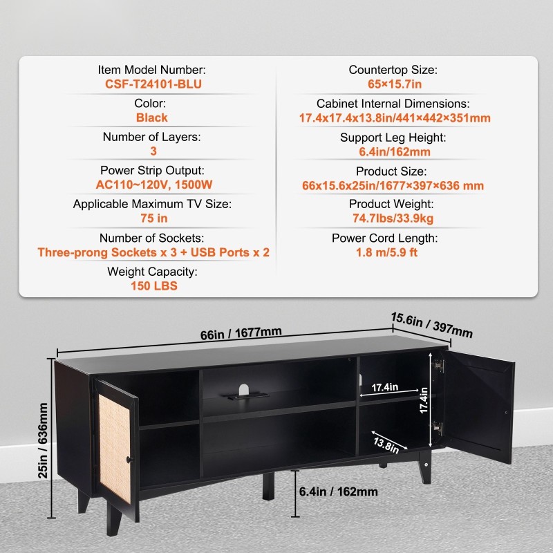 Rottinkinen TV-taso massiivipuurungolla musta 75 tuuman televisiolle sisäänrakennettu pistorasia ja USB-portit