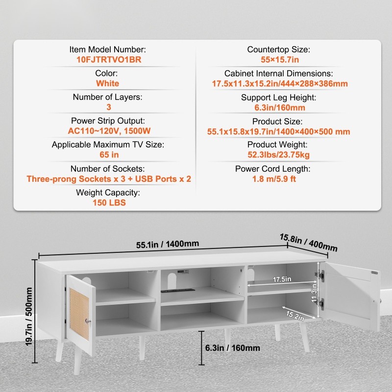 TV-taso rottinkia ja puuta sopii 65 tuumalle valkoinen integroidulla pistorasialla ja USB-liitännöillä