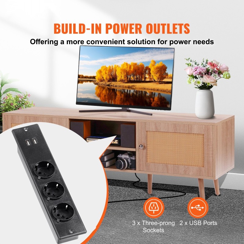 Rottinkinen TV-taso tammen sävy 65 tuuman televisiolle integroitu pistorasia ja rottinkikaapit