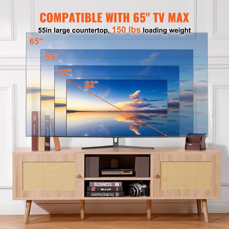 Rottinkinen TV-taso tammen sävy 65 tuuman televisiolle integroitu pistorasia ja rottinkikaapit