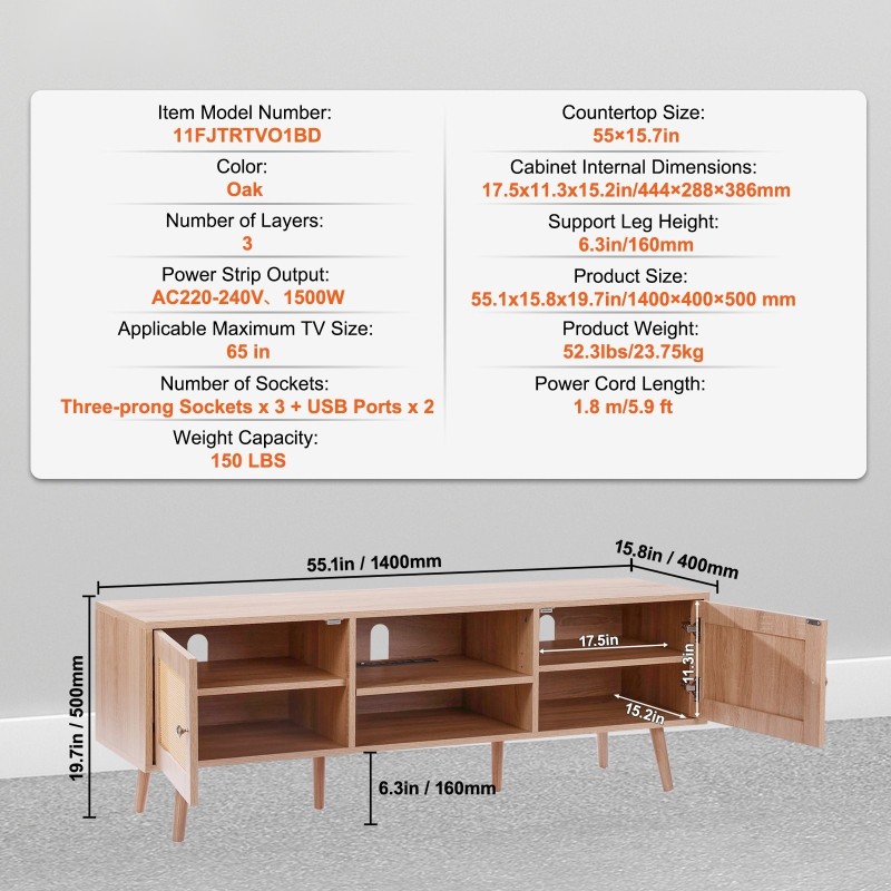 Rottinkinen TV-taso tammen sävy 65 tuuman televisiolle integroitu pistorasia ja rottinkikaapit