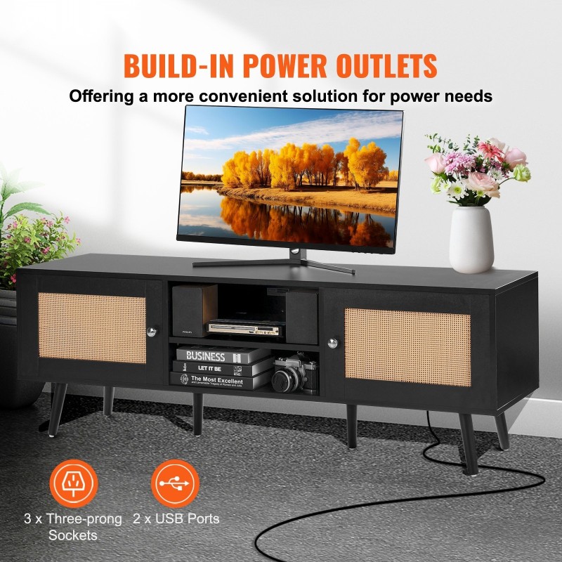 Rottinkinen TV-taso 65 tuuman televisiolle musta sisäänrakennetulla pistorasialla ja USB-liitännöillä