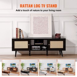 Rottinkinen TV-taso 65 tuuman televisiolle musta sisäänrakennetulla pistorasialla ja USB-liitännöillä