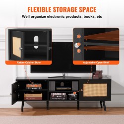 Rottinkinen TV-taso 65 tuuman televisiolle musta sisäänrakennetulla pistorasialla ja USB-liitännöillä