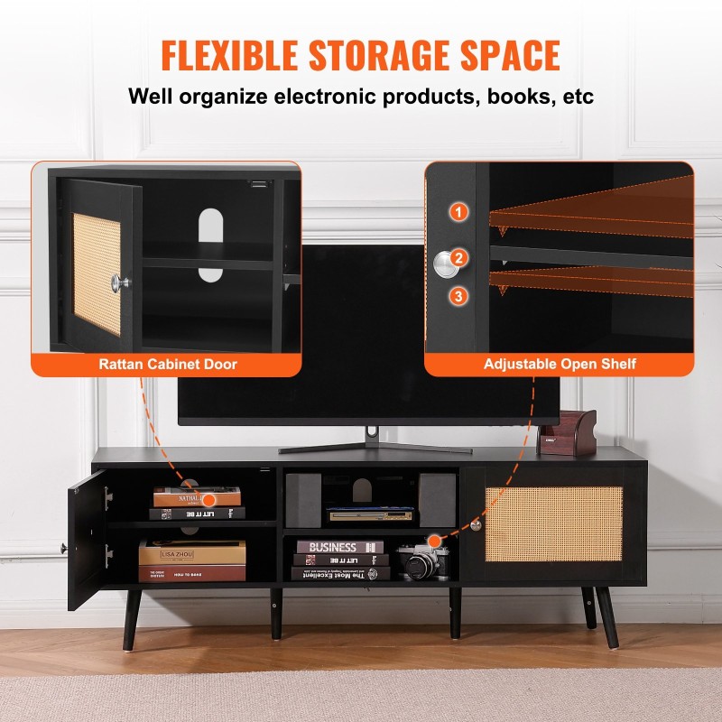 Rottinkinen TV-taso 65 tuuman televisiolle musta sisäänrakennetulla pistorasialla ja USB-liitännöillä