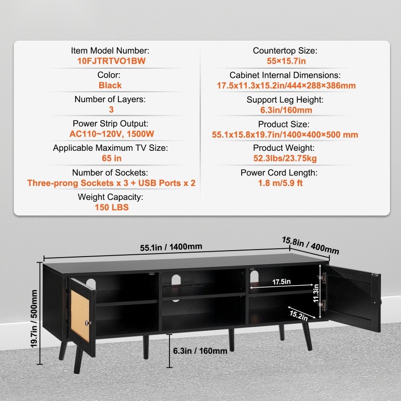 Rottinkinen TV-taso 65 tuuman televisiolle musta sisäänrakennetulla pistorasialla ja USB-liitännöillä