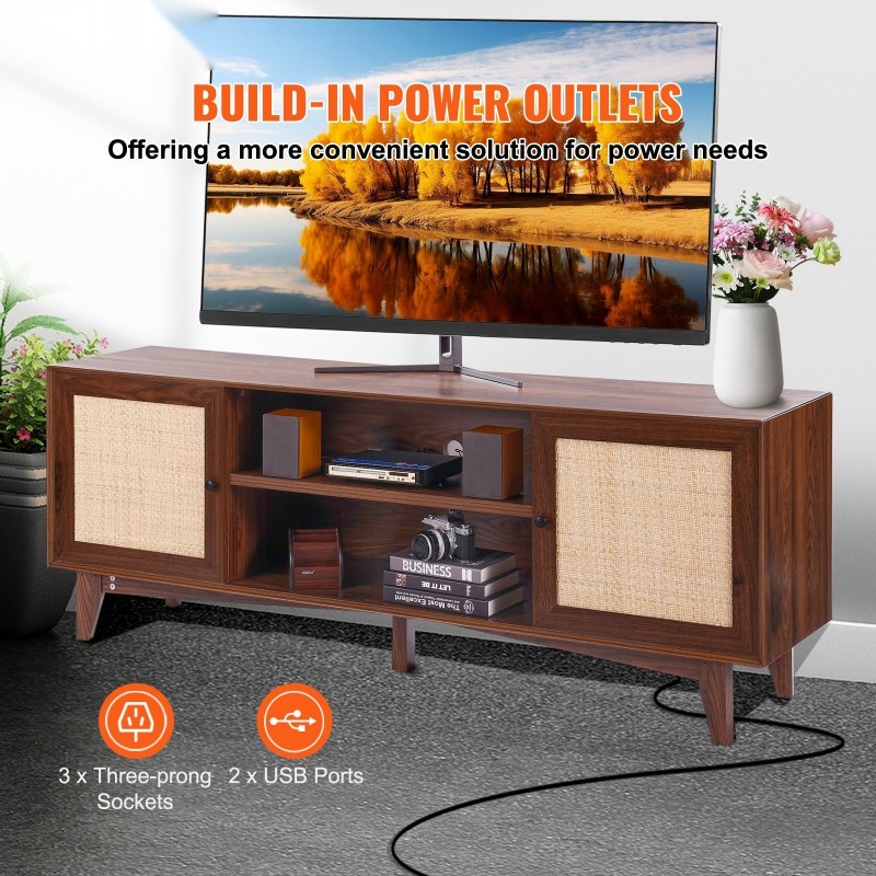 TV-taso rattan-etuosalla pähkinänsävyinen 165 x 40 cm sopii 191 cm TV:lle