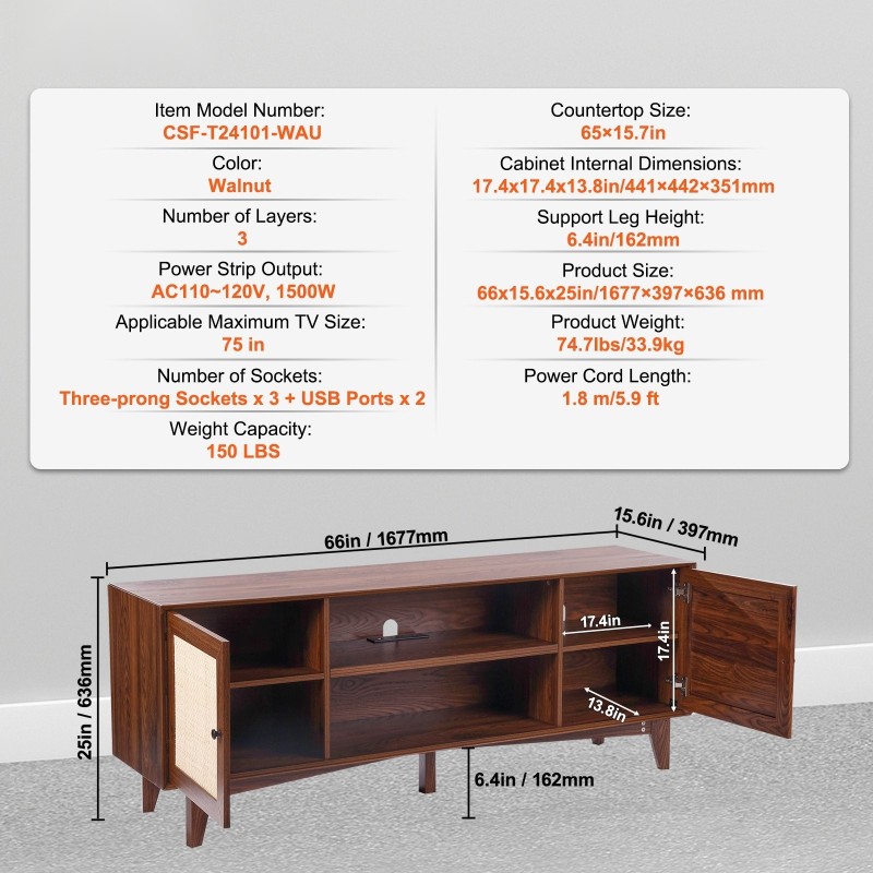 TV-taso rattan-etuosalla pähkinänsävyinen 165 x 40 cm sopii 191 cm TV:lle