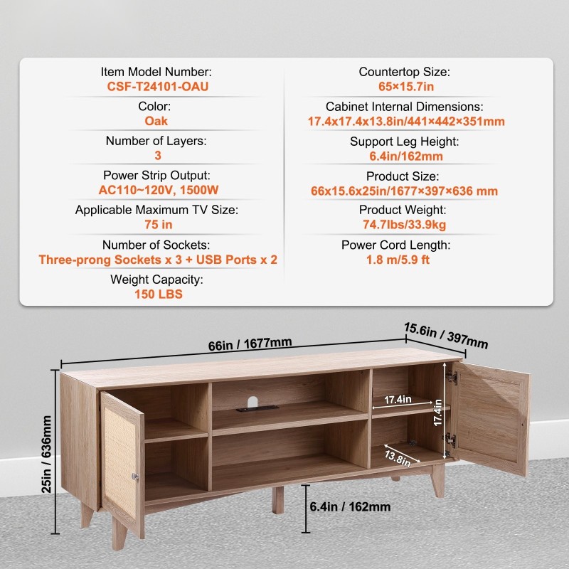 Televisiotaso rottinki ja puuviimeistelyllä 165 x 50 cm sopii 191 cm televisiolle