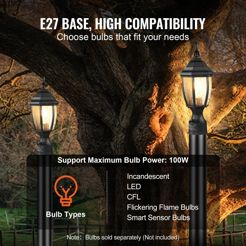 Ulkovalaisin pylvääseen 400 mm alumiiniseos lasikupu hämäräkytkin vedenkestävä E27-kanta