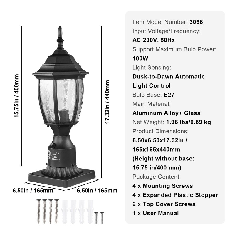 Ulkovalaisin pylvääseen 400 mm alumiiniseos lasikupu hämäräkytkin vedenkestävä E27-kanta