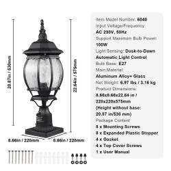 Pylväsvalaisimet 2 kpl alumiiniseos lasikupu 530 mm ulkokäyttöön hämäräkytkin