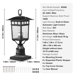 Ulkovalaisinpari pylvääseen alumiiniseos lasikupu 400 mm 2 kpl hämäräkytkin E27-kanta